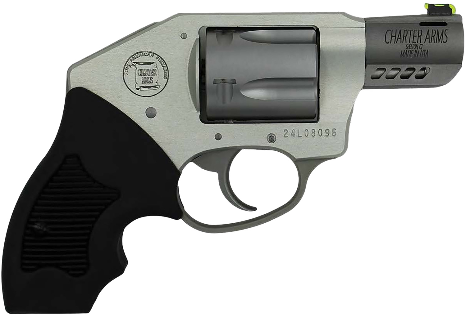 Charter Arms 53801 Off Duty Coyote 380 ACP 5rd 2″ Matte Stainless Ported Barrel & Cylinder, Anodized Aluminum Frame, Black Finger Grooved Rubber Grip, Concealed Hammer