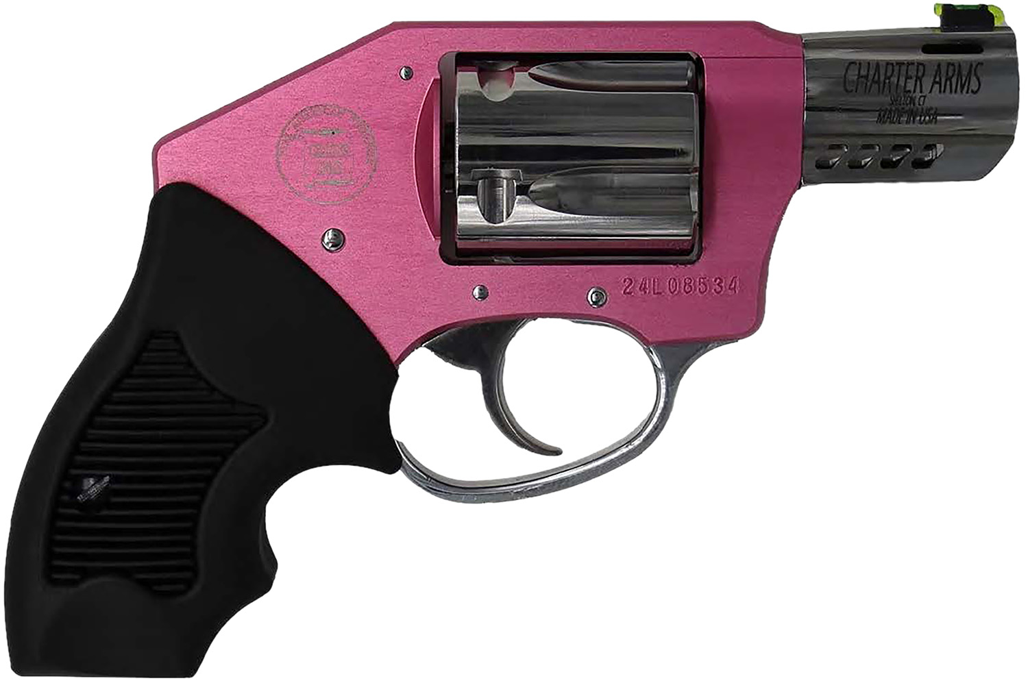 Charter Arms 53812 Off Duty Coyote 380 ACP 5rd 2″ Stainless Ported Barrel, High Polished Cylinder, Pink Aluminum Frame, Black Finger Grooved Rubber Grip, Concealed Hammer