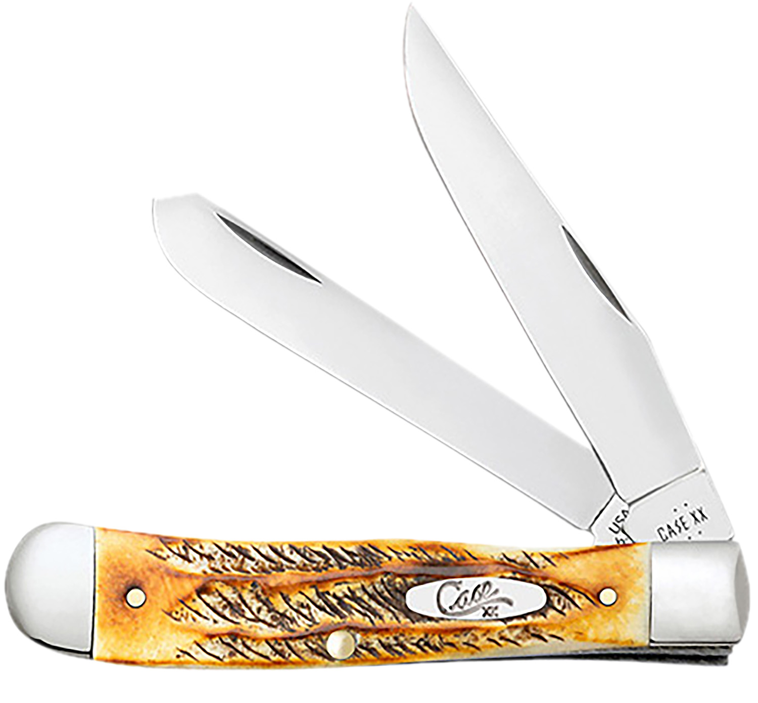 Case 65345 Trapper  3.25″ Folding Clip Point/Spey Plain Mirror Polished Tru-Sharp SS Blades, Burnt Dark Amber 6.5 BoneStag Handle, Includes Pocket Clip