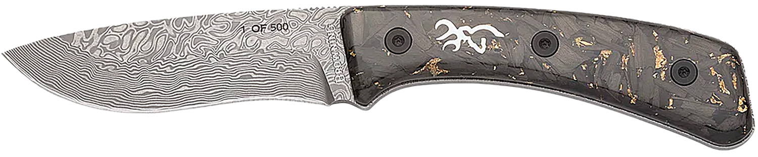 Browning 3220570B Rock  3.50″ Fixed Drop Point Plain Acid Etch Damascus Blade, Carbon Fiber Handle