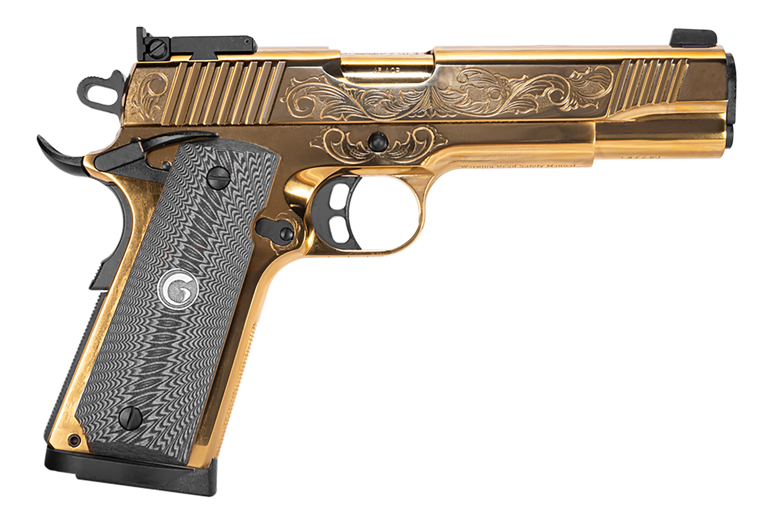 Girsan 390093 MC1911 S Lux 45 ACP 8+1 5″ Gold Plated PVD Steel Barrel, Gold Finish Engraved Serrated w/Engraving Steel Slide, Gold Plated Steel Frame, Black G10 Grip