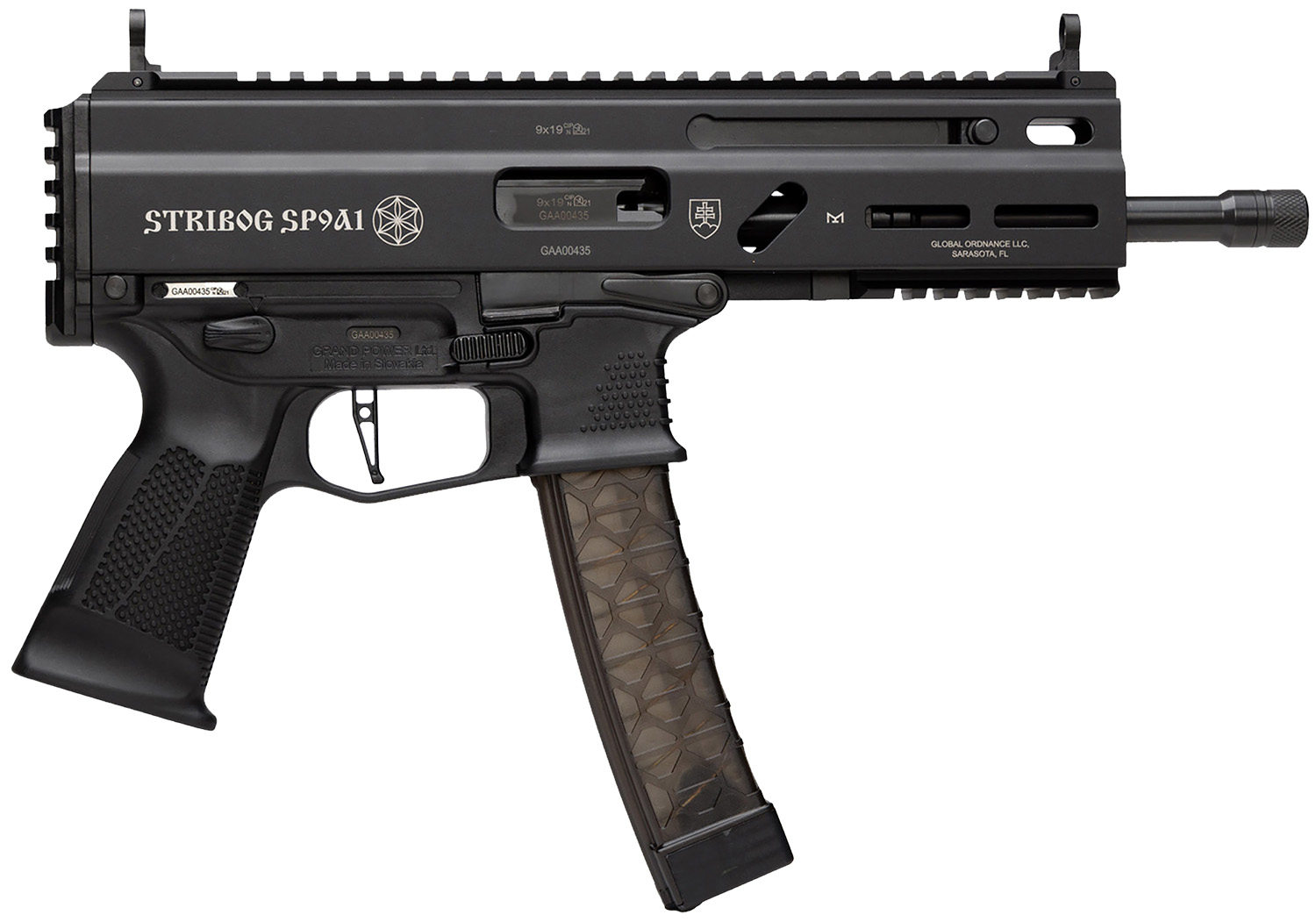Grand Power 8588005808378 SP9A1 Stribog 9mm Luger 30+1 8″ Black Threaded Barrel, M-LOK Handguard, Black Aluminum Picatinny Rail Receiver, Black Polymer Grip, Thread Protector