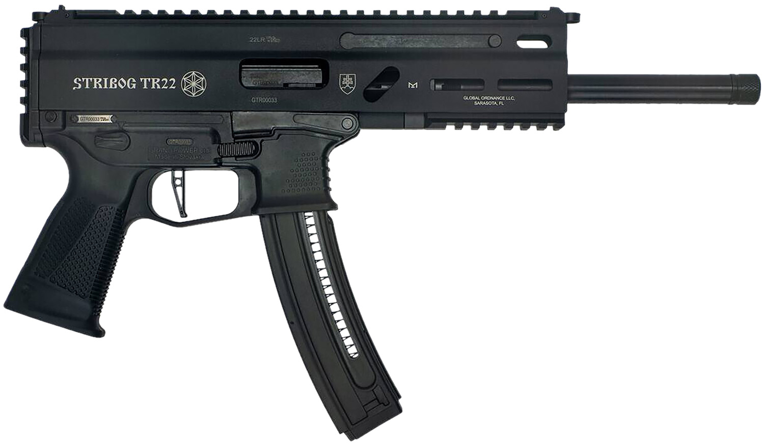 Grand Power 8588005808606 TR22 Stribog 22 LR 25+1 10″ Black Threaded Barrel, Black Hardcoat Anodize Receiver w/Picatinny Rail, Black Polymer Grip, Ambidextrous