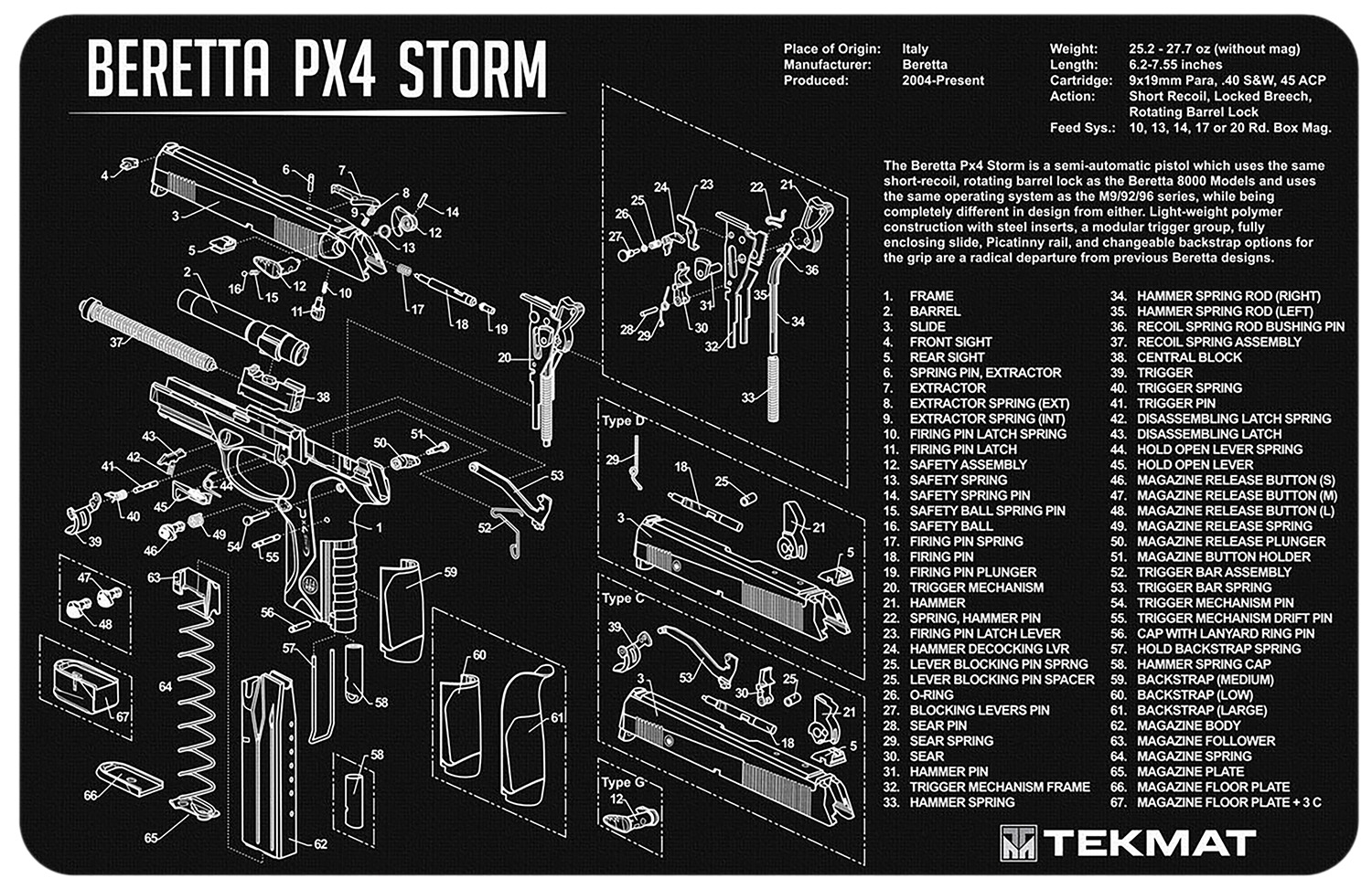 TekMat TEKR17BERPX4 Beretta Px4 Storm Cleaning Mat Black/White Rubber 11″x17″ Beretta PX4 Storm Diagram