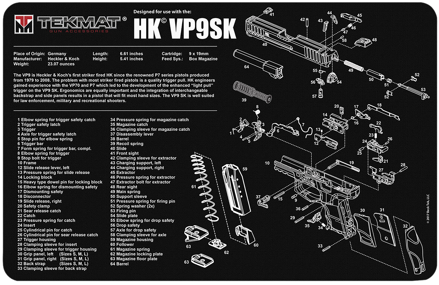 TekMat TEKR17HKVP9SK HK VP9SK Cleaning Mat Black/White Rubber 11″x17″ HK VP9SK Parts Diagram
