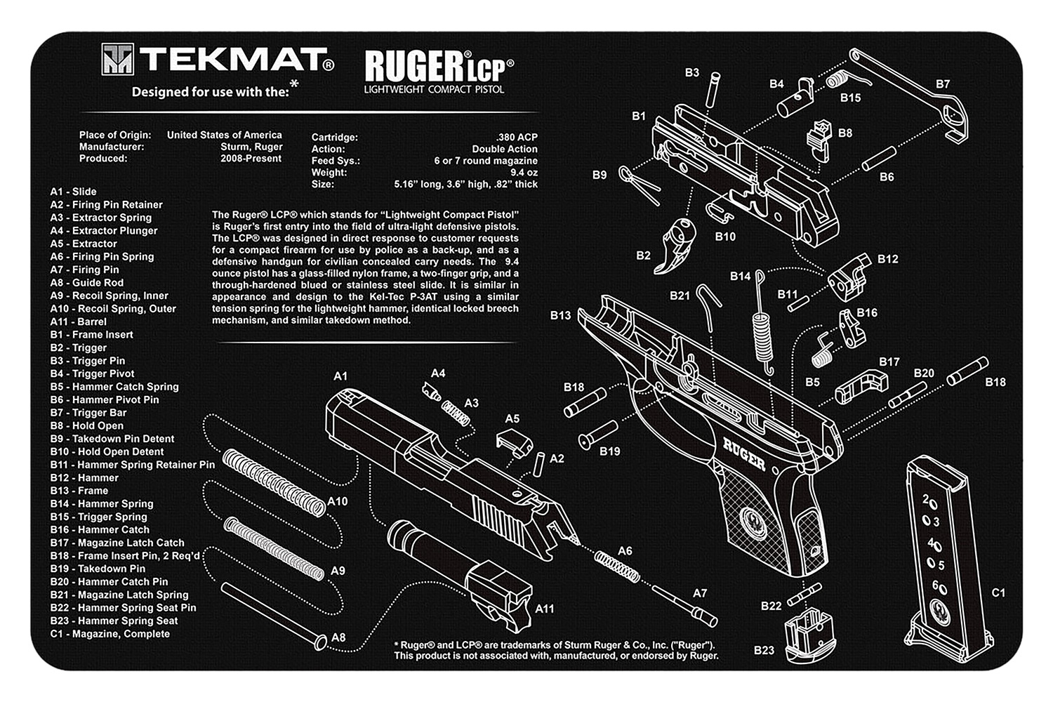TekMat TEKR17RUGERLCP Ruger LCP Cleaning Mat Black/White Rubber 11″x17″ Ruger LCP Parts Diagram