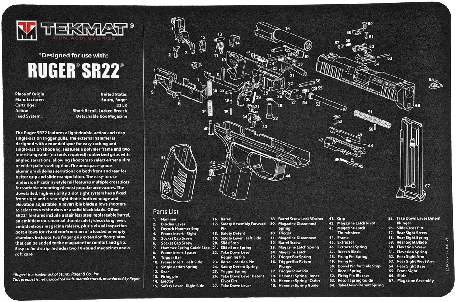 TekMat TEKR17RUGERSR22 Ruger SR22 Cleaning Mat Black/White Rubber 11″x17″ Ruger SR22 Parts Diagram