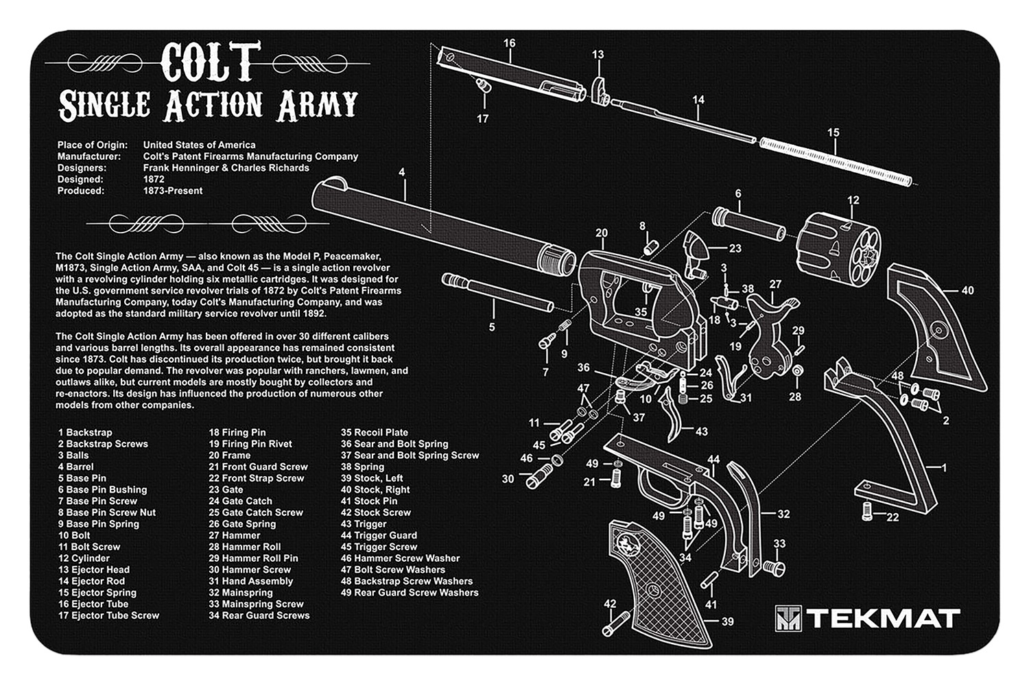 TekMat TEKR17SAA  Cleaning Mat Black/White Rubber 11″x17″ Colt Revolver Army Parts Diagram