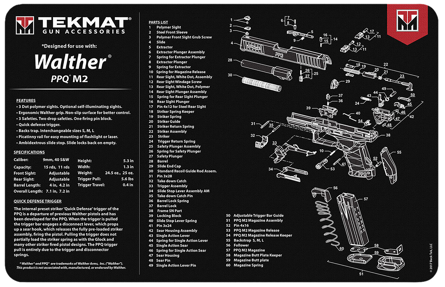TekMat TEKR17WALPPQM2 Walther PPQ MOD 2 Cleaning Mat Black/White Rubber 11″x17″ Walther PPQ MOD 2 Parts Diagram