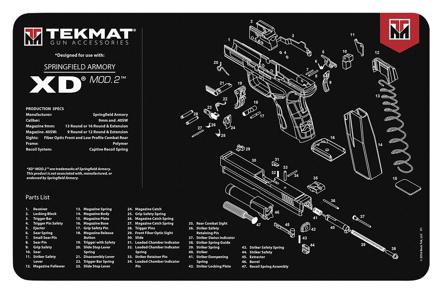 TekMat TEKR17XDMOD2 Springfield Armory XD MOD 2 Cleaning Mat Black/White Rubber 11″x17″ Springfield Armory XD MOD 2 Parts Diagram