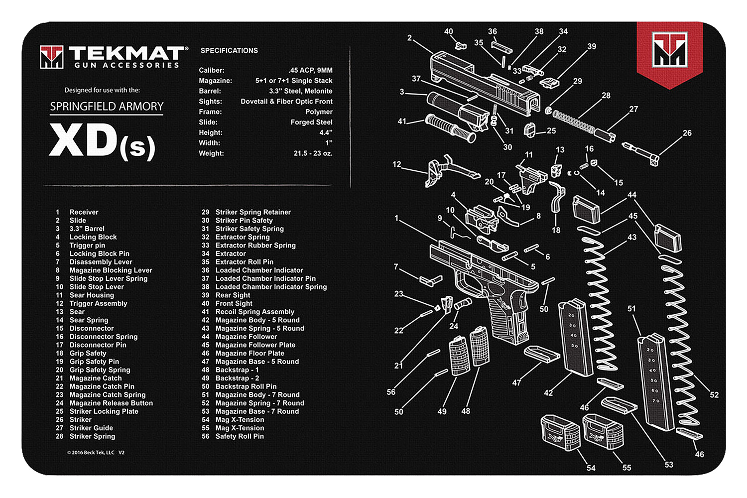 TekMat TEKR17XDS Springfield Armory XDs Cleaning Mat Black/White Rubber 11″x17″ Springfield XDs Parts Diagram