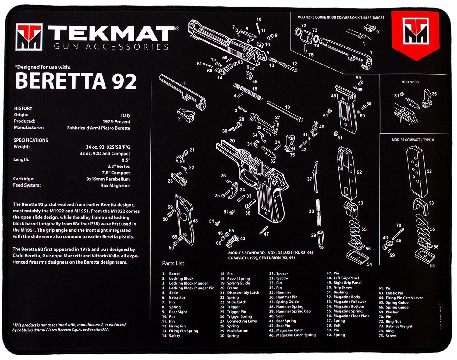 TekMat TEKR20BER92 Beretta 92 Ultra 20 Cleaning Mat Black/White Rubber 15″x20″ Beretta 92 Parts Diagram