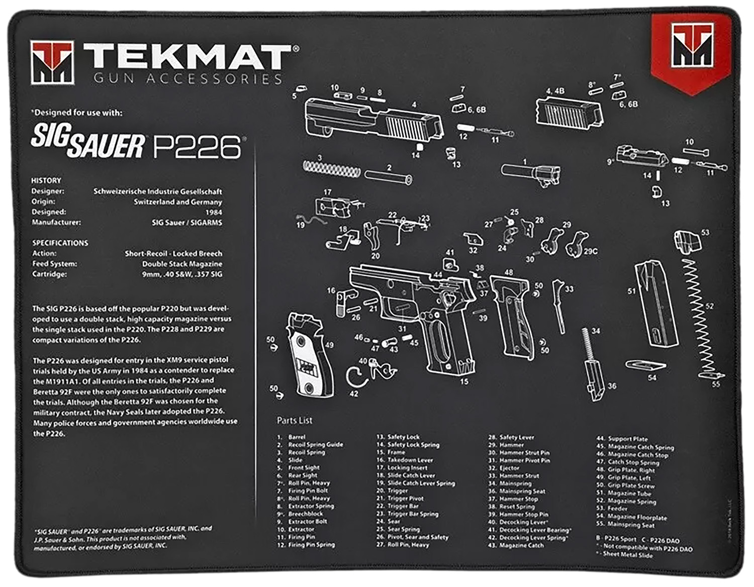 TekMat TEKR20SIGP226 Sig Sauer P226 Ultra 20 Cleaning Mat Black/White Rubber 15″x20″ Sig Sauer P226 Parts Diagram