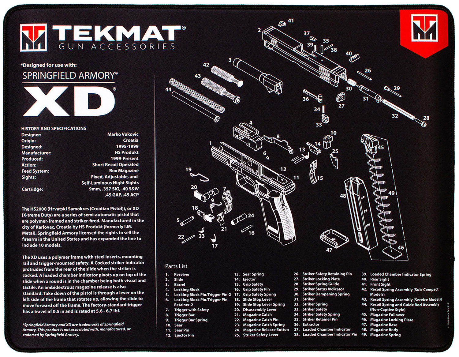 TekMat TEKR20XD Springfield Armory XD Ultra 20 Cleaning Mat Black/White Rubber 15″x20″ Springfield Armory XD Parts Diagram