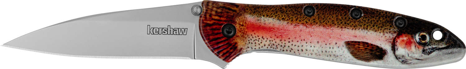 Kershaw 1660TROUT Leek Trout EDC 3″ Folding Drop Point Plain Bead Blasted 14C28N Steel Blade, Rainbow Trout w/UFI Coating Aluminum Handle