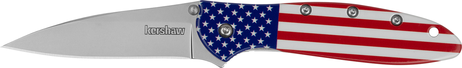 Kershaw 1660USA Leek USA EDC 3″ Folding Drop Point Plain Bead Blasted 14C28N Steel Blade, Red/White/Blue Flag Aluminum Handle