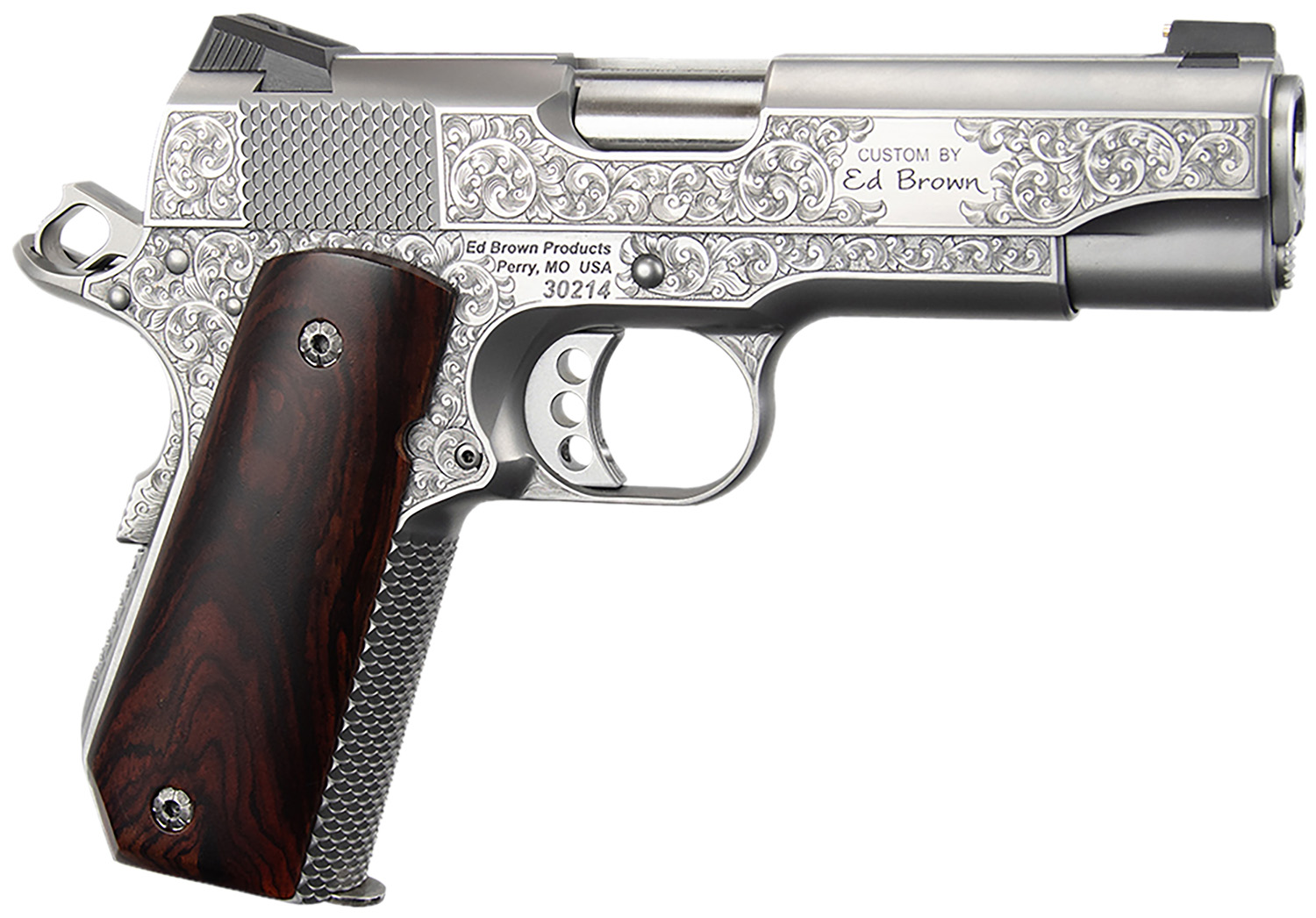 Ed Brown KCSSSIG Kobra Carry Signature Edition 45 ACP 7+1 4.25″ Stainless Recessed Crown Barrel, Engraved Serrated Stainless Steel Slide &  Frame w/Beavertail, Cocobolo Grip
