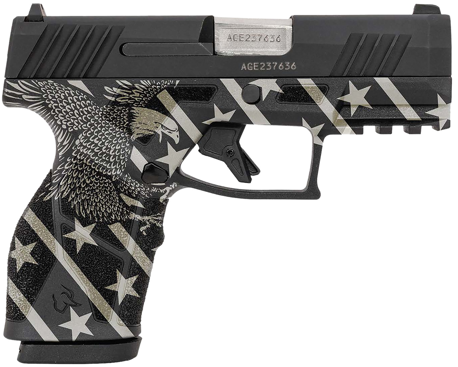 Taurus 1-GX2931-EN1 GX2  Compact Frame 9mm Luger 13+1 3.38″ Stainless Steel Barrel, Matte Black Serrated Alloy Steel Slide, Black w/Eagle, Stars & Stripes Polymer Frame w/Accessory Rail