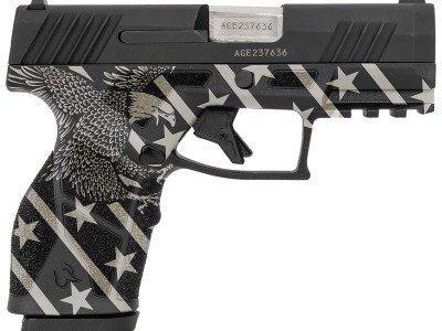 Taurus 1-GX2931-10EN1 GX2  Compact Frame 9mm Luger 10+1 3.38″ Stainless Steel Barrel, Matte Black Serrated Alloy Steel Slide, Black w/Eagle, Stars & Stripes Polymer Frame w/Accessory Rail