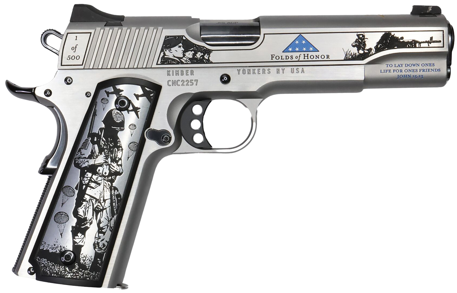 Cnc Firearms CNCFOLDSHONOR Folds Of Honor  Limited Edition 45 ACP 7+1 5″ Match Grade Barrel, Engraved/Serrated Stainless Steel Slide, Stainless Steel Frame w/Beavertail, Scenic Aluminum Grip