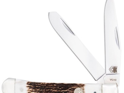 CobraTec Knives CTTDTRPSTAG Trapper  Folding 2.88″ Clip Point, 2.94″ Spey Plain Polished VG-10 SS Blades, 4.44″ Stag Bone Scales/SS Handle