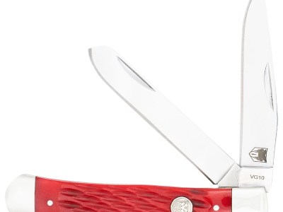 CobraTec Knives CTTDTRPREDBN Trapper  Folding 2.88″ Clip Point, 2.94″ Spey Plain Polished VG-10 SS Blades, 4.44″ Red Bone Scales/SS Handle