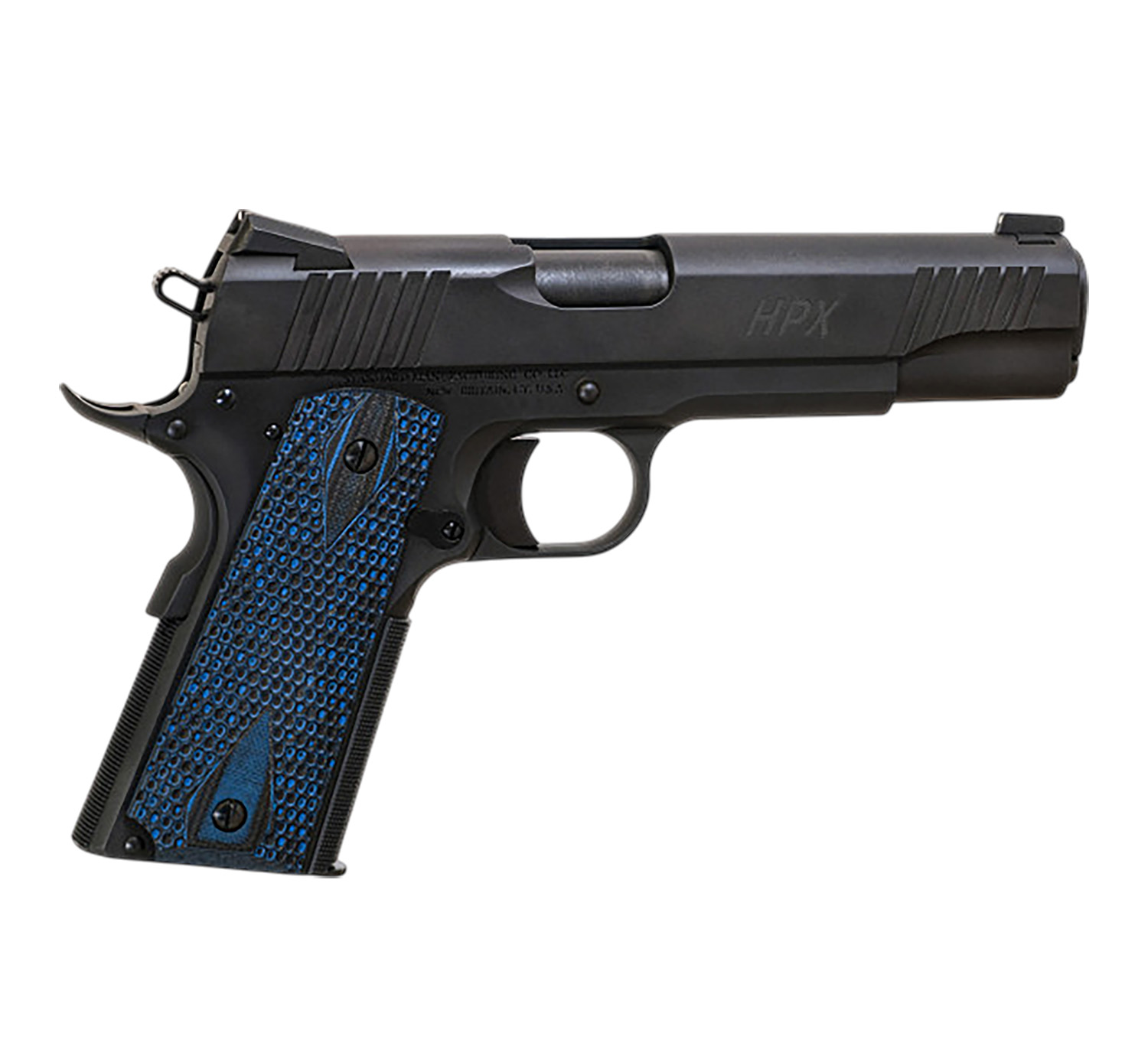 Standard Mfg  1911 HPX Full Size Frame 45 ACP 7+1 5″ Black Match Grade Barrel, Satin Steel Serrated Slide, Black Satin Steel Frame w/Beavertail, Black/Blue Honeycomb Grip