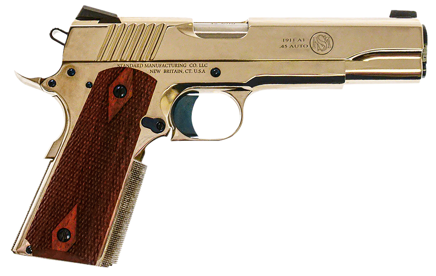 Standard Mfg  1911 Standard Full Size Frame 45 ACP 7+1 5″ Stainless Match Grade Barrel, Nickel Steel Serrated Slide, Nickel Steel Frame w/Beavertail, Walnut Double Diamond Grip