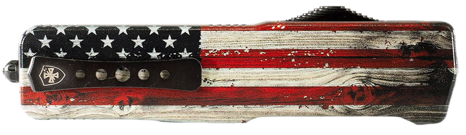 Templar Knife MZWUS121 Premium Weighted  Small 3″ OTF Dagger Plain Black Oxide Stonewashed Powder Coated D2 Steel Blade, 4.50″ Painted Wood Grain US Flag Aluminum Zinc Alloy Handle