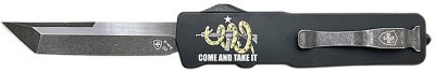 Templar Knife  Excalibur Come And Take It Slim 3.25″ OTF Tanto Part Serrated D2 Steel Blade, 5″ Black “Come And Take It” Aluminum Handle