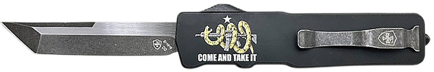 Templar Knife  Excalibur Come And Take It Slim 3.25″ OTF Tanto Part Serrated D2 Steel Blade, 5″ Black “Come And Take It” Aluminum Handle