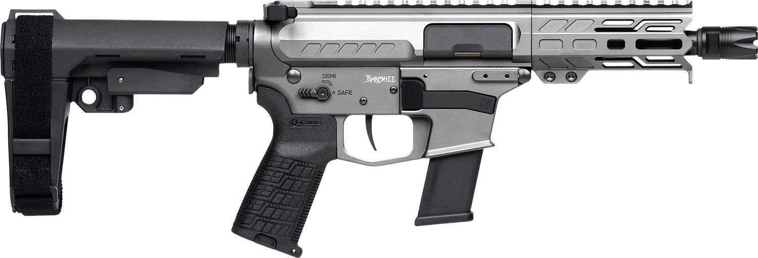 CMMG 45A150FTNG Banshee FE MkG 45 ACP 13+1 5″ Black Nitride Threaded Barrel, M-LOK Handguard, Titanium Cerakote Aluminum Receiver w/Picatinny Rail, Black Polymer CMMG RipBrace, CMMG Zeroed Grip