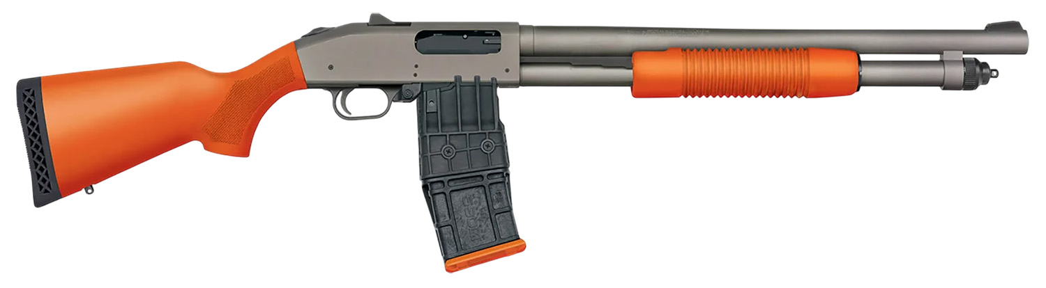 Mossberg 50220 590M  12 Gauge 10+1 18.50″ Tungsten Gray Cerakote Barrel & Steel Drilled & Tapped Receiver, Magpul SGA Safety Orange Synthetic Stock