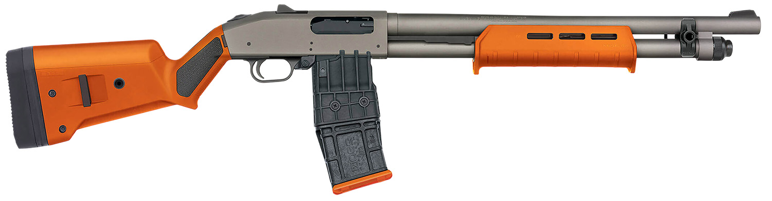 Mossberg 50222 590M  12 Gauge 10+1 18.50″ Tungsten Gray Cerakote Barrel & Steel Drilled & Tapped Receiver, Magpul SGA Safety Orange Synthetic Stock
