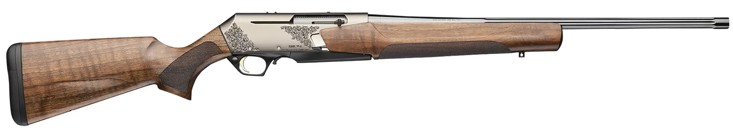 Browning 039009211 BAR MK4 Medallion 243 Win 4+1 22″ Polished Blued Fluted Barrel, Satin Nickel Engraved Aluminum Alloy Drilled & Tapped Receiver, Grade III Turkish Walnut Adj Shim Stock