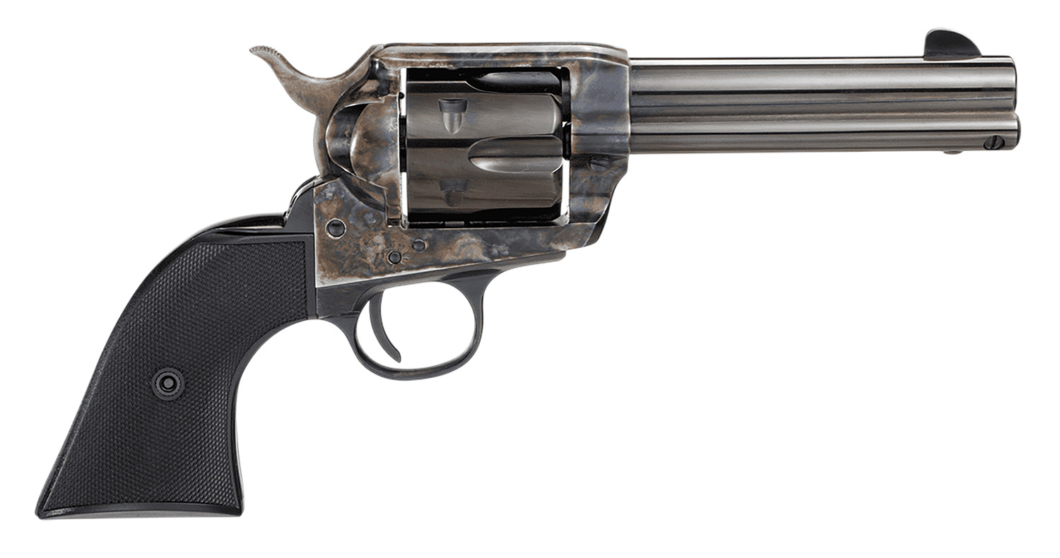 Taylors & Company 200109 1873 Pietta 9mm Luger 6 Shot 4.75″ Blued Round Barrel, Blued Cylinder, Color Case Hardened Steel Frame, Black Checkered Plastic Navy Grip, Manual Safety, Exposed Hammer