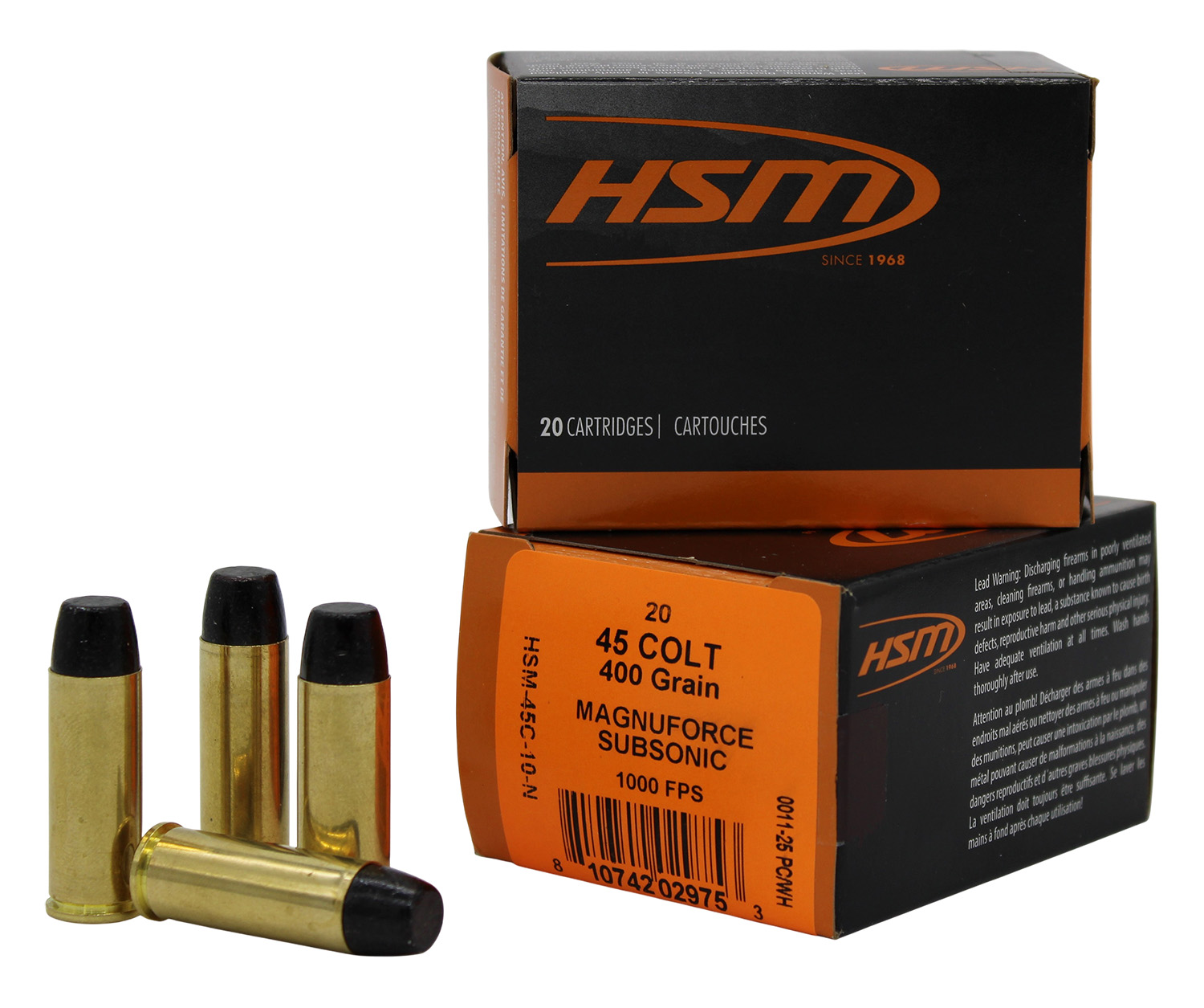 HSM 45C10N   45Colt Subsonic 400gr Hard Cast Long Flat Nose 20 Per Box/20 Case
