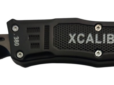 Xcaliber Knife Company  380 ACP  Small 2.75″ OTF Part Serrated Black 440C SS Blade, 3.91″ Steel Handle