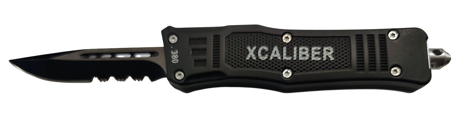 Xcaliber Knife Company  380 ACP  Small 2.75″ OTF Part Serrated Black 440C SS Blade, 3.91″ Steel Handle