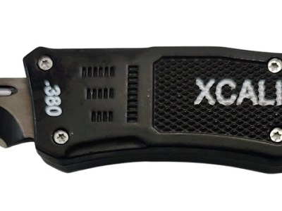 Xcaliber Knife Company  380 ACP  Medium 3.25″ OTF Part Serrated Black 440C SS Blade, 4.64″ Steel Handle