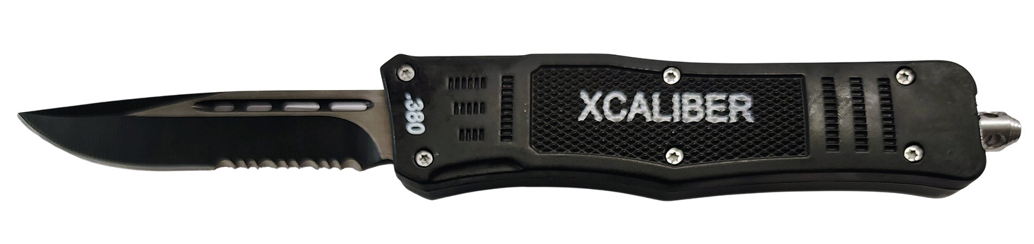 Xcaliber Knife Company  380 ACP  Medium 3.25″ OTF Part Serrated Black 440C SS Blade, 4.64″ Steel Handle