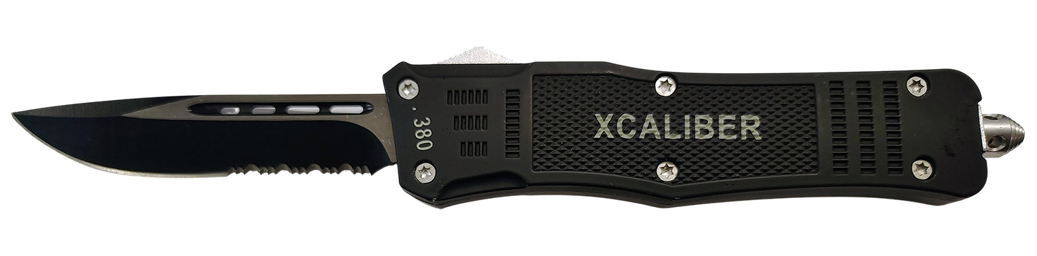 Xcaliber Knife Company  380 ACP  Large 3.80″ OTF Part Serrated Black 440C SS Blade, 5.30″ Steel Handle