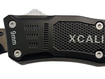 Xcaliber Knife Company  9mm  Small 2.75″ OTF Drop Point Black 440C SS Blade, 3.91″ Steel Handle