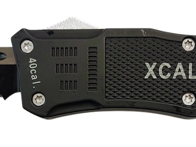 Xcaliber Knife Company  40 Cal  Large 3.80″ OTF Tanto Part Serrated Black 440C SS Blade, 5.30″ Steel Handle