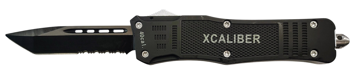 Xcaliber Knife Company  40 Cal  Large 3.80″ OTF Tanto Part Serrated Black 440C SS Blade, 5.30″ Steel Handle