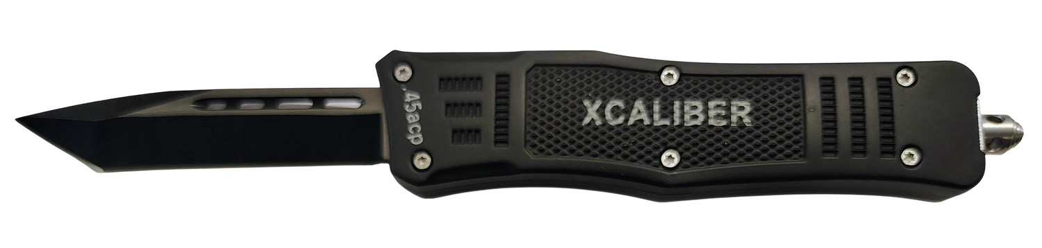 Xcaliber Knife Company  45 ACP  3.25″ OTF Tanto Plain Black 440C SS Blade, 4.64″ Steel Handle