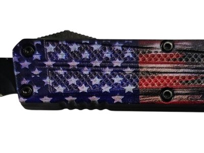 Xcaliber Knife Company  Drop Point  Mini 1.80″ OTF Drop Point Plain Black 440C SS Blade, 3.52″ US Flag Aluminum Handle