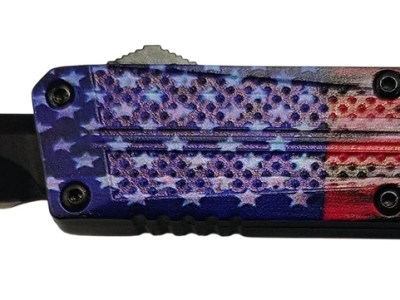 Xcaliber Knife Company  Don’t Tread on Me  Small 2.75″ OTF Drop Point Plain Black 440C SS Blade, 4.15″ US Flag Aluminum Handle