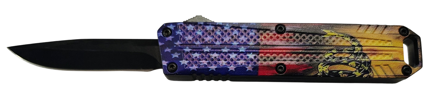 Xcaliber Knife Company  Don’t Tread on Me  Small 2.75″ OTF Drop Point Plain Black 440C SS Blade, 4.15″ US Flag Aluminum Handle