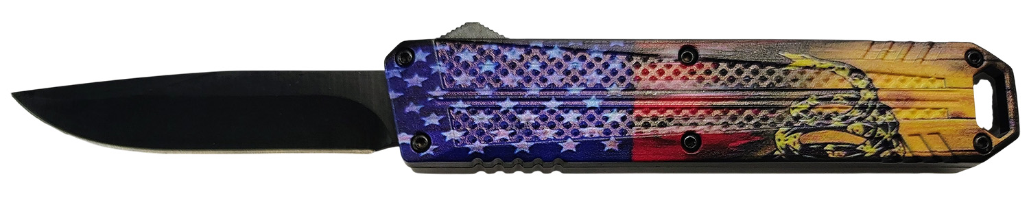 Xcaliber Knife Company  Don’t Tread on Me  Medium 3.20″ OTF Drop Point Plain Black 440C SS Blade, 4.80″ US Flag Aluminum Handle